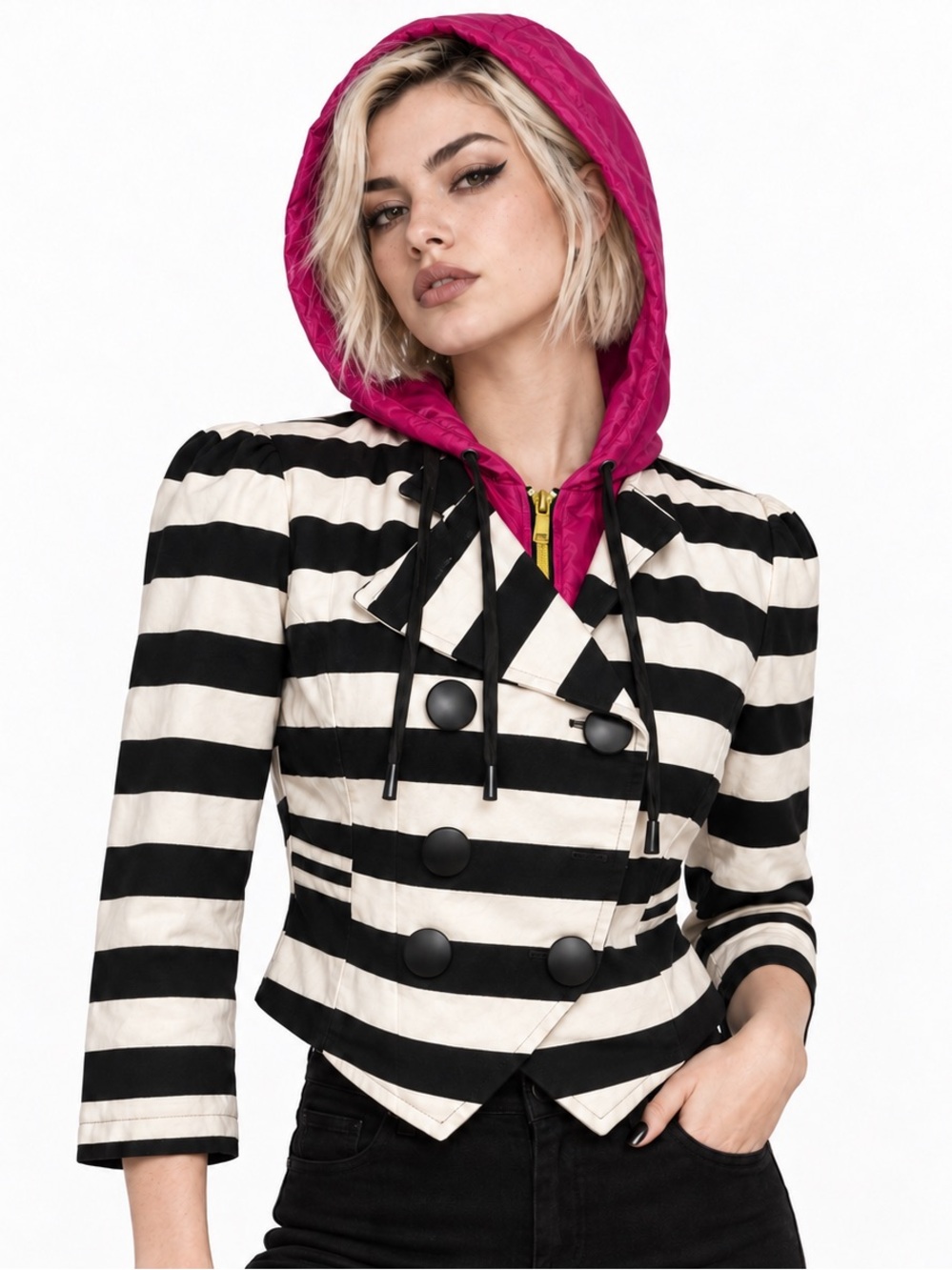 SUGARFLY Technicolor Mod Striped Blazer Jacket Windbreaker Hoodie White Black M